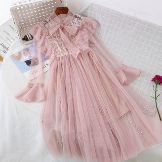 Faux Pearl Long-sleeve Tie-neck A-line Mesh Dress