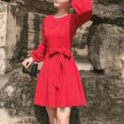 Ribbon Long-sleeve Crewneck A-line Dress