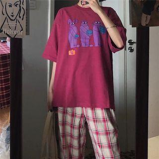 Plaid Wide-leg Pants / Elbow-sleeve Printed T-shirt