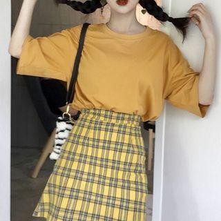 Set: Plaid A-line Skirt + Plain Elbow Sleeve T-shirt