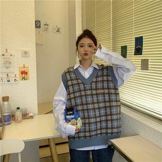 Oversize V-neck Color Panel Plaid Vest As Shown In Figure - One Size