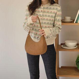 Crewneck Flower Pattern Cardigan Ivory - One Size