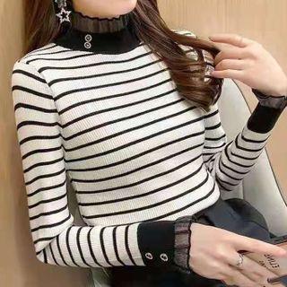 Semi Turtleneck Stripe Panel Sheer Slim Fit Sweater