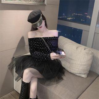 Off-shoulder Argyle Rhinestone A-line Mesh Dress