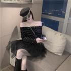 Off-shoulder Argyle Rhinestone A-line Mesh Dress