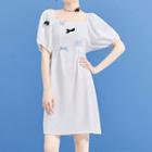 Short-sleeve Square-neck Bow-accent Mini Dress