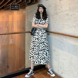 Short-sleeve Dotted Midi A-line Dress Black Dot - White - One Size