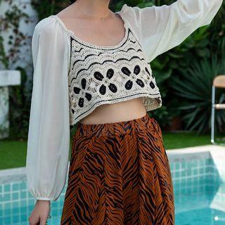 Puff-sleeve Woven Cropped Blouse Black & White - One Size