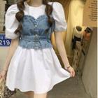 Puff-sleeve Mini A-line Dress / Button-up Denim Camisole Top