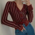 Striped Cropped Knit Cardigan / Straight-cut Jeans