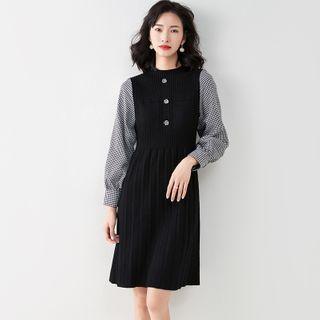 Long-sleeve Plaid Panel Knit A-line Dress