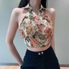 Sleeveless Floral Print Collared Crop Top