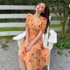 Fruit Print Wrap Tie-waist A-line Dress