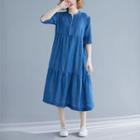 Denim Elbow-sleeve Midi A-line Dress Denim Blue - One Size