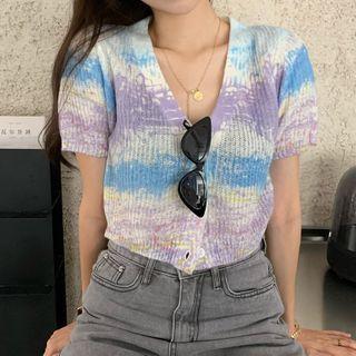 Short-sleeve Button-up Knit Top As Shown In Figure - One Size