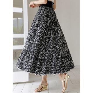 Flower-embroidery Long Tiered Skirt Black - One Size