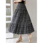 Flower-embroidery Long Tiered Skirt Black - One Size