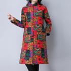Printed Stand Collar Frog Button Coat