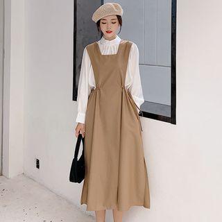 Set: Balloon-sleeve Blouse + Drawstring Midi A-line Jumper Dress