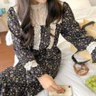 Long-sleeve Floral Print Lace Trim Midi A-line Dress Purple - One Size
