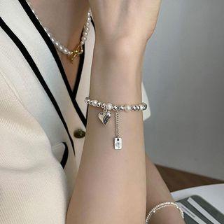 Heart Faux Pearl Sterling Silver Bracelet S217 - Silver - One Size