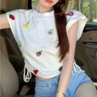 Cap-sleeve Fruit Embroidered Drawstring Knit Top Fruit Print - White - One Size