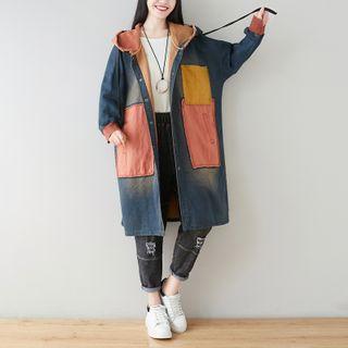 Single-breasted Hooded Paneled Denim Coat Blue - One Size