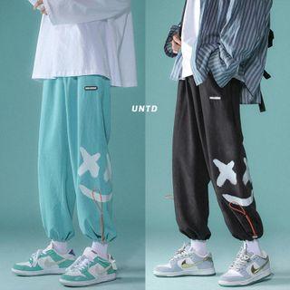 Smiley Face Print Drawstring-cuff Wide-leg Pants