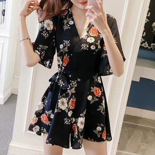 Floral Print Elbow-sleeve Chiffon Playsuit
