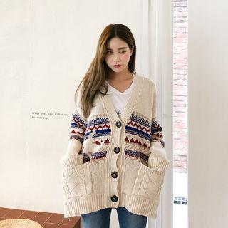 V-neck Pattnered Cardigan Beige - One Size