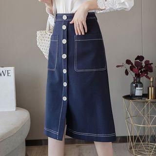 Buttoned Stitched Trim A-line Skirt