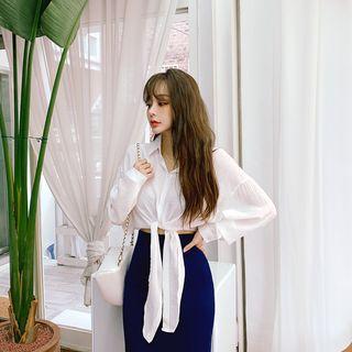 Tie-hem Balloon-sleeve Crinkled Shirt