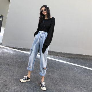 Long-sleeve T-shirt / Ripped Harem Jeans