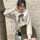 Bow-accent Lace Long-sleeve Knit Top / Plain Slim-fit Mini Skirt