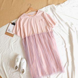 Mesh Panel Short-sleeve Midi T-shirt Dress As Shown In Figure - One Size