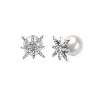 Elegant Snowflake Stud Earrings With Austrian Element Crystals And Fashion Pearl Silver - One Size