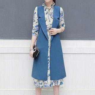 Set: Print A-line Chiffon Dress + Notch Lapel Long Vest With Belt