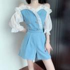 Contrast Trim Cold-shoulder Denim Playsuit