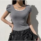 Square Neck Short Sleeve Lace-trim T-shirt