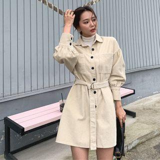 Balloon-sleeve Corduroy Shirtdress With Sash