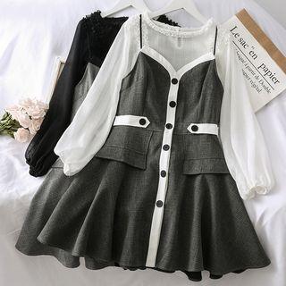 Set: Bubble-sleeved Chiffon Top + Sleeveless A-line Dress