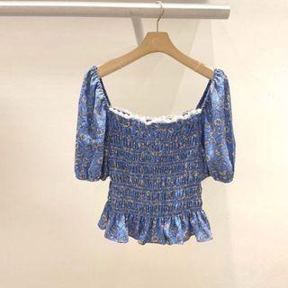 Lace-trim Square-neck Floral Print Blouse