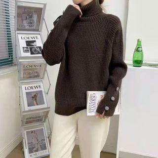High-neck Plain Buttoned Sweater