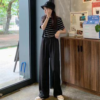 Short-sleeve Striped T-shirt / High Waist Wide-leg Pants