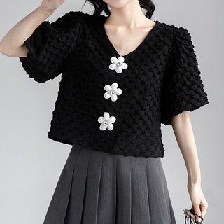 Short-sleeve V-neck Flower Accent Top