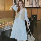 Set: Long-sleeve Midi Shift Dress + Single-button Vest