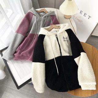 Checkered Hooded Faux Shearling Jacket