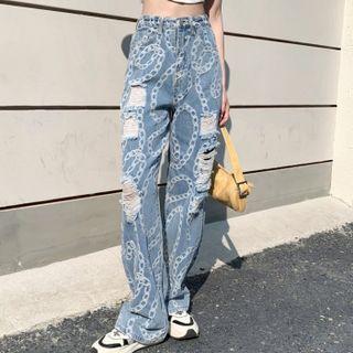 Print Distressed High-waist Wide-leg Jeans