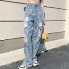 Print Distressed High-waist Wide-leg Jeans