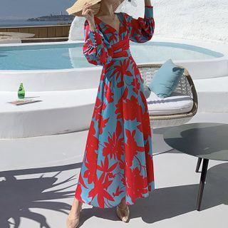 Puff-sleeve V-neck Flower Print Maxi Dress